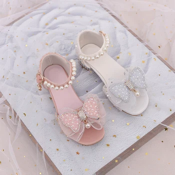 Модни летни сандали принцеса, Дишаща детски обувки с перли и кристали за деца, момичета, Розово лък в стил
