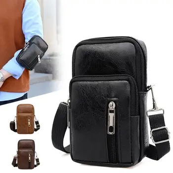 Мъжка Кожена поясная чанта, Поясная чанта с многопластова катарама, чанта за мобилен телефон, калъф за задника