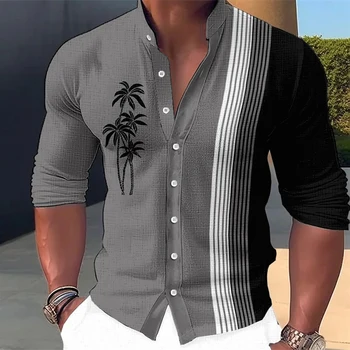 Мъжка риза с висока яка за почивка, Памучни Ленени Свободни Ежедневни ризи с дълги ръкави, Есенна Мода мъжки дрехи, ризи в плажен стил, върхове