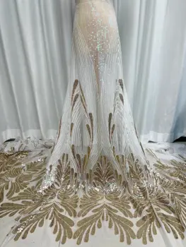 Нигерийская Лейси плат с 3D пайети Високо качество от бяло злато, Африканска Тюлевая плат с бродерия, Сватбена рокля, Сетчатое Дантела, 5 Ярда