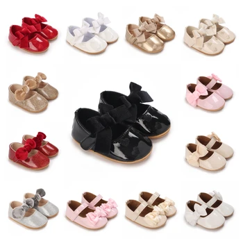 Обувки за новородено, обувки за малките момчета и момичета, Класическа гумена подметка с лък, мини модела обувки от изкуствена кожа, Първите проходилки, обувки за креватчета за деца
