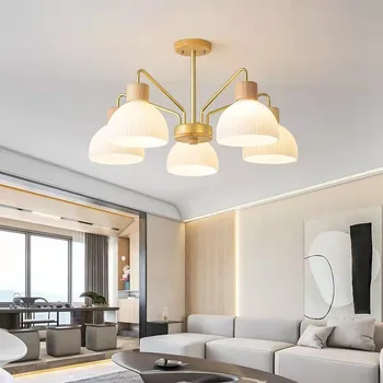 Окачен лампа в скандинавски стил от луксозен дърво в японски стил, хол, трапезария, гума стъклена лампа, Полилей за спални, лесно осветление