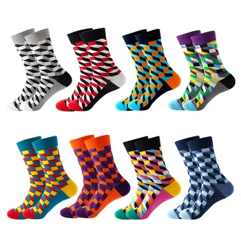Памучни чорапи TANABATA Happy в цветна ивица за мъже и жени, реколта чорапи в стил Харадзюку в клетката с геометричен модел, подарък