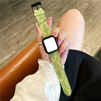 Ретро кожена каишка за Apple Series 7/6/SE/5/4/3/2/1 Каишка за умни часа iwatch 87 41 мм, 45 мм, ретро-зелена каишка от естествена кожа