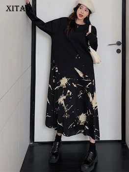 Свободно рокля XITAO с кръгло деколте и дълъг ръкав, всекидневни модерен принт в стил мозайка, Есен женски ново универсално рокля DMJ2371