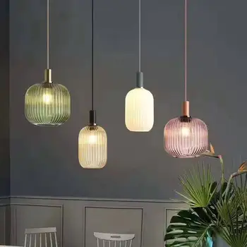 Скандинавски стъклена окачена лампа за хранене, лесен розов зелен златен метален led лампа E27 за хол, спалня, окачена лампа