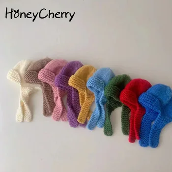 Сладко детска вязаная шапчица от мохеровой вълна HoneyCherry със защитата на ушите, аксесоари за новородени