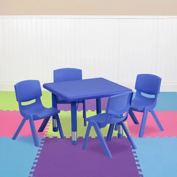 Флаш мебели, 24-инчов Квадратен синя пластмасова маса за занимания с регулируема височина, комплект от 4 стола