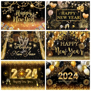 Фон За Снимки честита Нова Година 2024, Блестящо Злато, балони с Шампанско, Фойерверки, Снимков Фон На Партита, Реквизит за Снимки